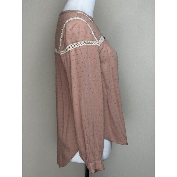 APEACH Women’s Top Blouse Sz Small Mauve Textured Lace Trim Long Sleeve Peasant - Picture 5 of 14